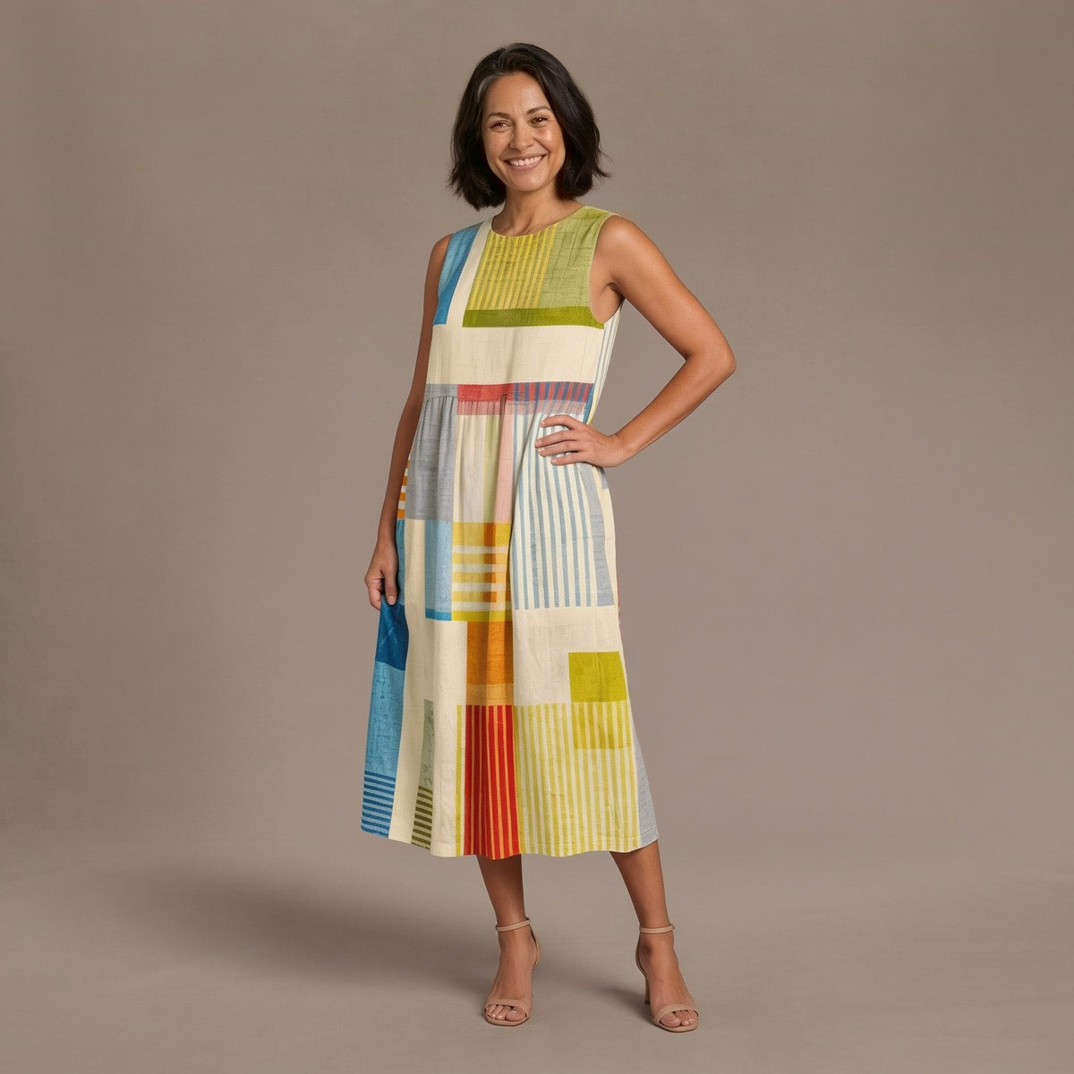 Sundress with Geometric Patchwork Print, Sleeveless Midi Dress with Round Neck