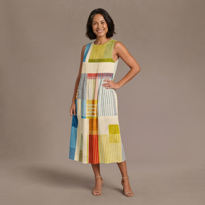 Sundress with Geometric Patchwork Print, Sleeveless Midi Dress with Round Neck