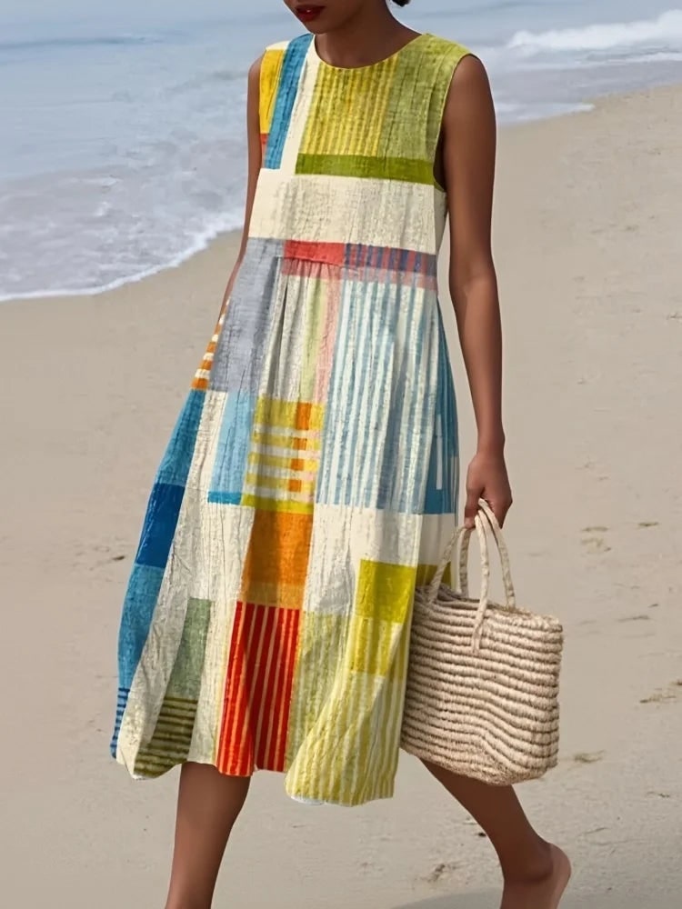 Sleeveless Midi Sundress with Geometric Patchwork Print 2