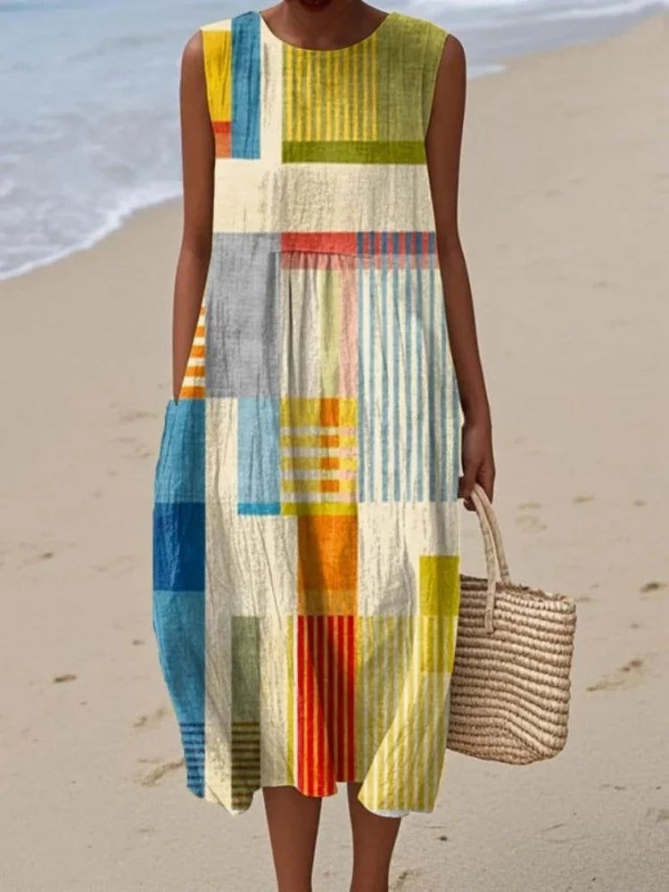 Sleeveless Midi Sundress with Geometric Patchwork Print 3