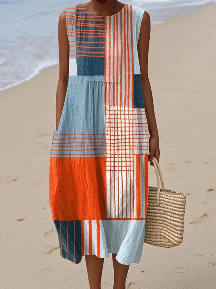 Sleeveless Midi Sundress with Geometric Patchwork Print 4