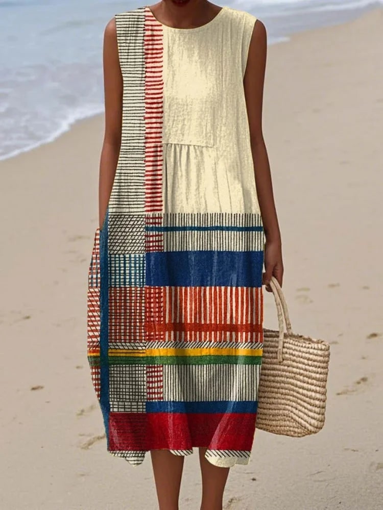Sleeveless Midi Sundress with Geometric Patchwork Print 5