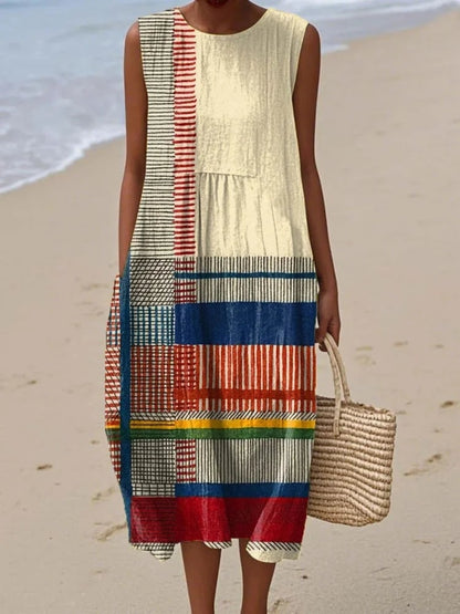 Sleeveless Midi Sundress with Geometric Patchwork Print 5