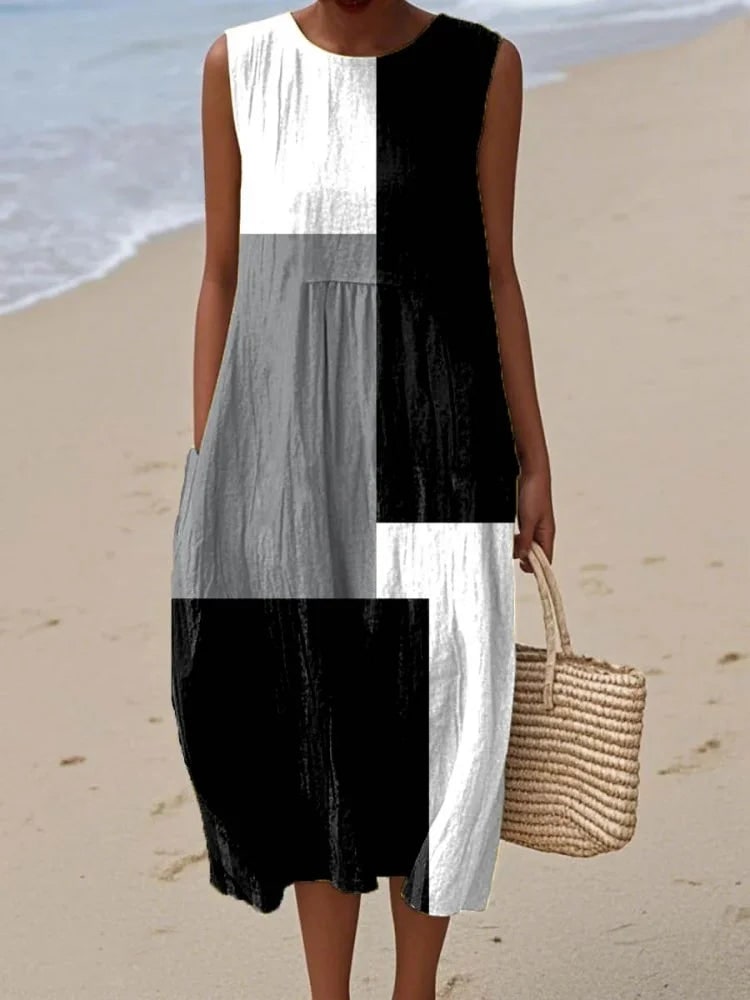 Sleeveless Midi Sundress with Geometric Patchwork Print 6