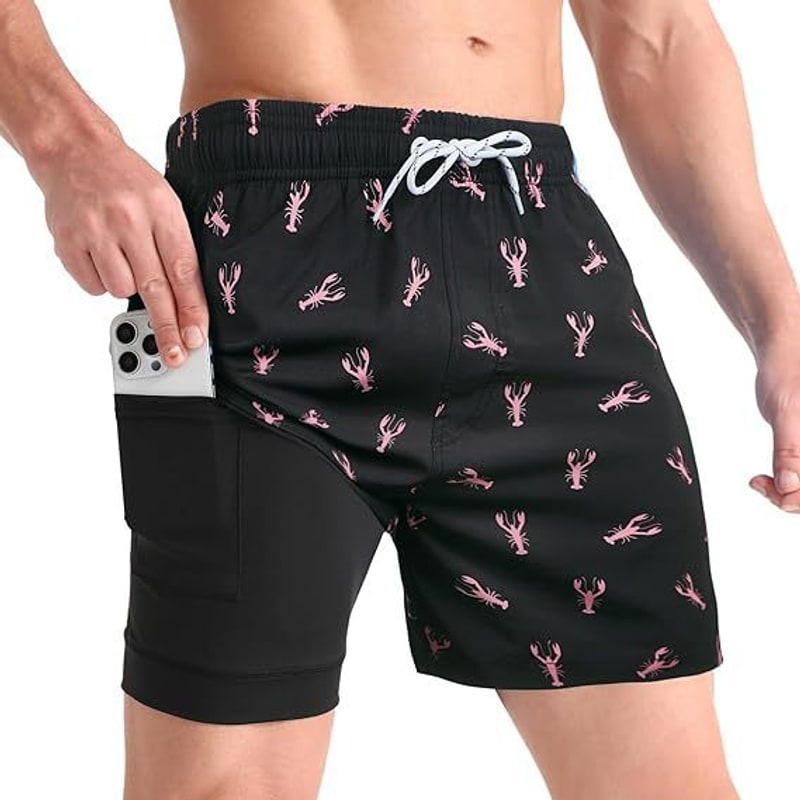 Black quick dry swim shorts for men with print and inner liner