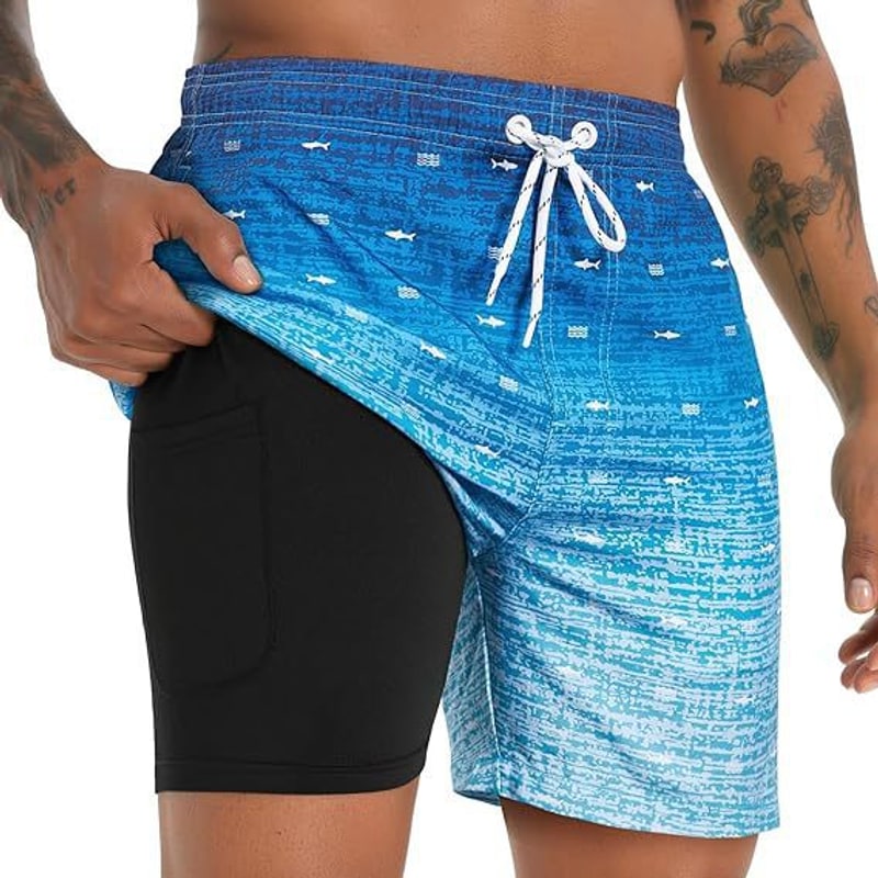Light blue gradient swim shorts for men with drawstring