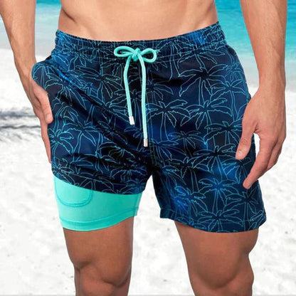 Navy blue palm print swim shorts for men with turquoise inner liner