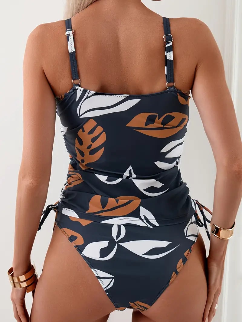 Back view of navy blue leaf print tankini