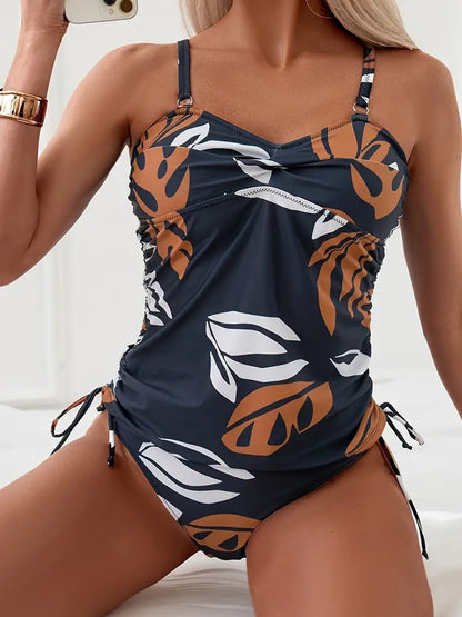 Navy blue leaf print tankini with side tie detail
