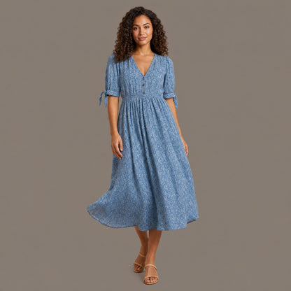 Tiered Floral Print Dress - Sky Blue