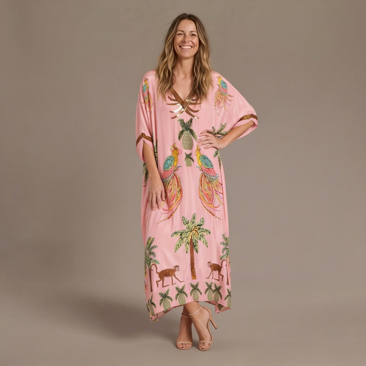 Maxi Summer Dress, Tropical Printed Kaftan Dress with Drop Shoulder Sleeves