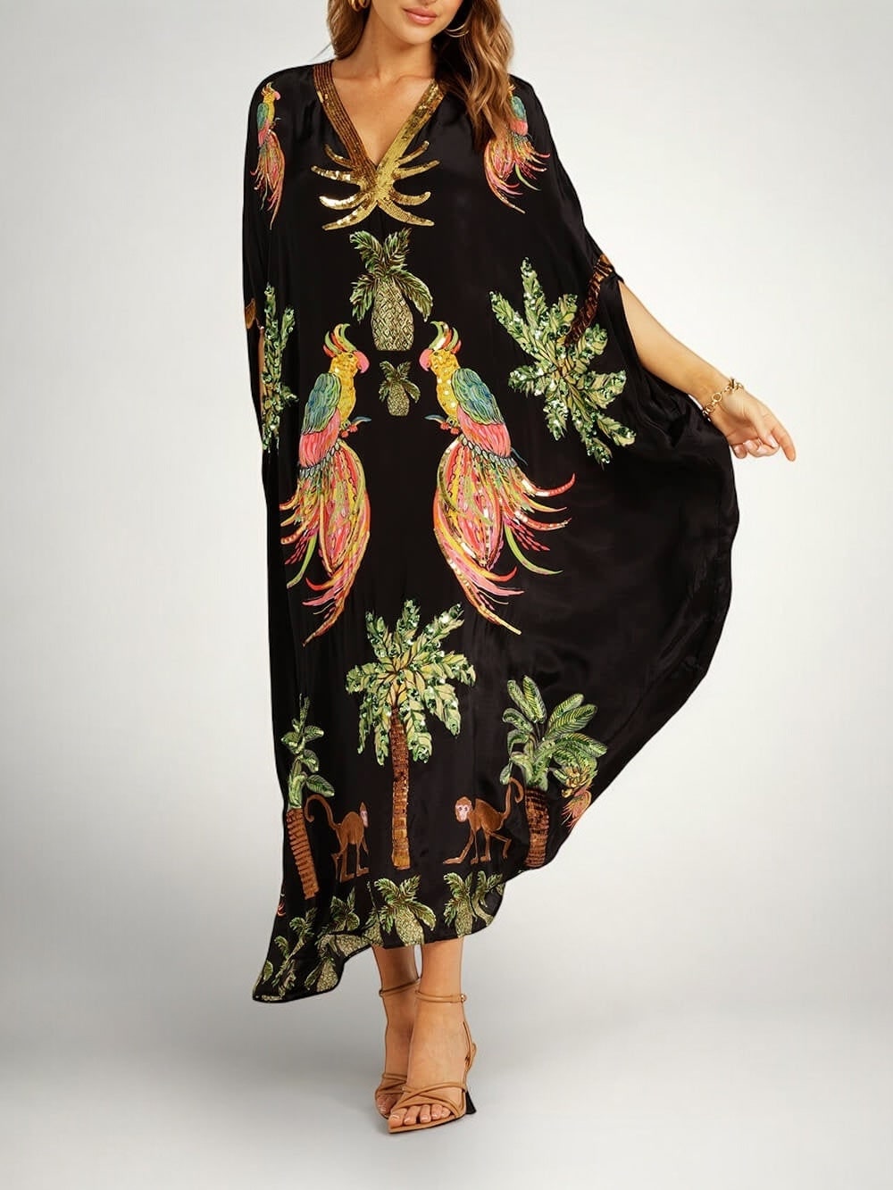 Tropical Print Kaftan Maxi Dress with Drop Shoulder Sleeves 2