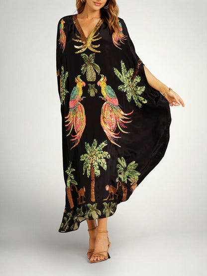 Tropical Print Kaftan Maxi Dress with Drop Shoulder Sleeves 2