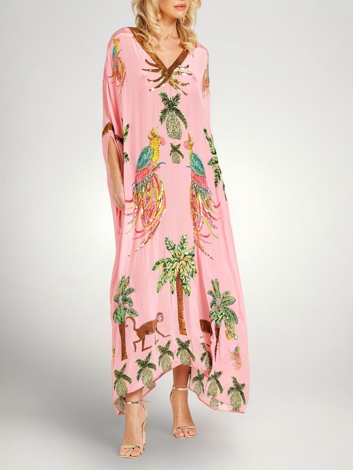 Tropical Print Kaftan Maxi Dress with Drop Shoulder Sleeves 3
