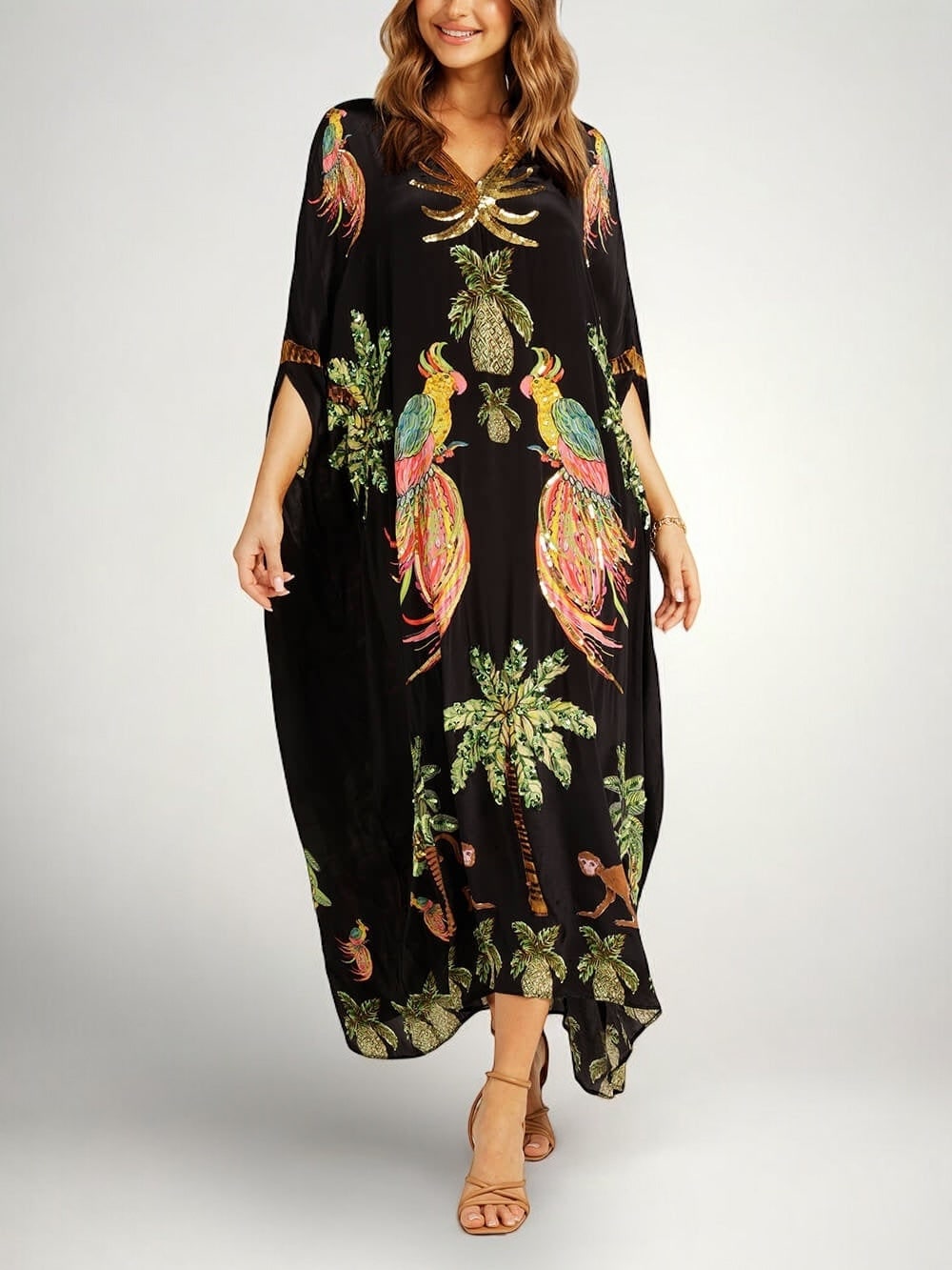 Tropical Print Kaftan Maxi Dress with Drop Shoulder Sleeves 5