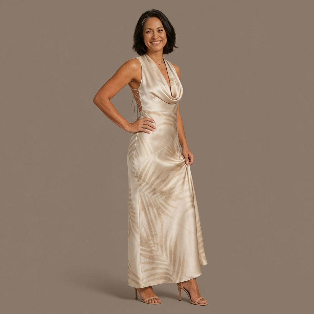 Tropical Satin Lace Up Back Maxi Dress