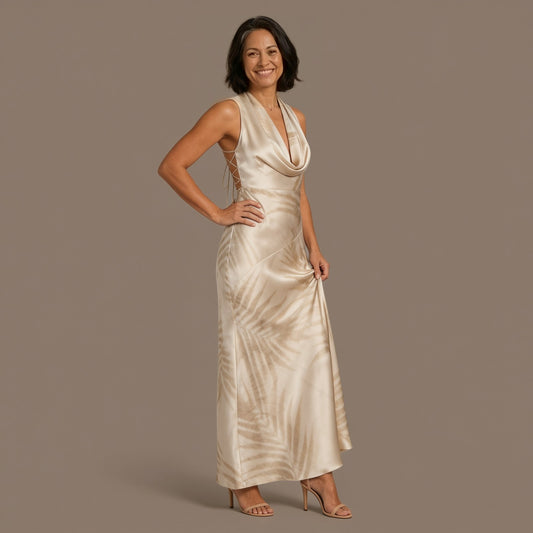 Tropical Satin Lace Up Back Maxi Dress