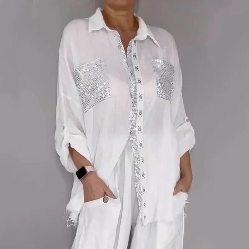 Two Piece Set Button Down Shirt with Sequin Pockets and Pants 4