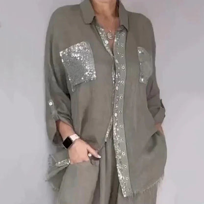 Two Piece Set Button Down Shirt with Sequin Pockets and Pants 5