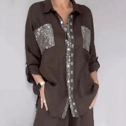 Two Piece Set Button Down Shirt with Sequin Pockets and Pants 6