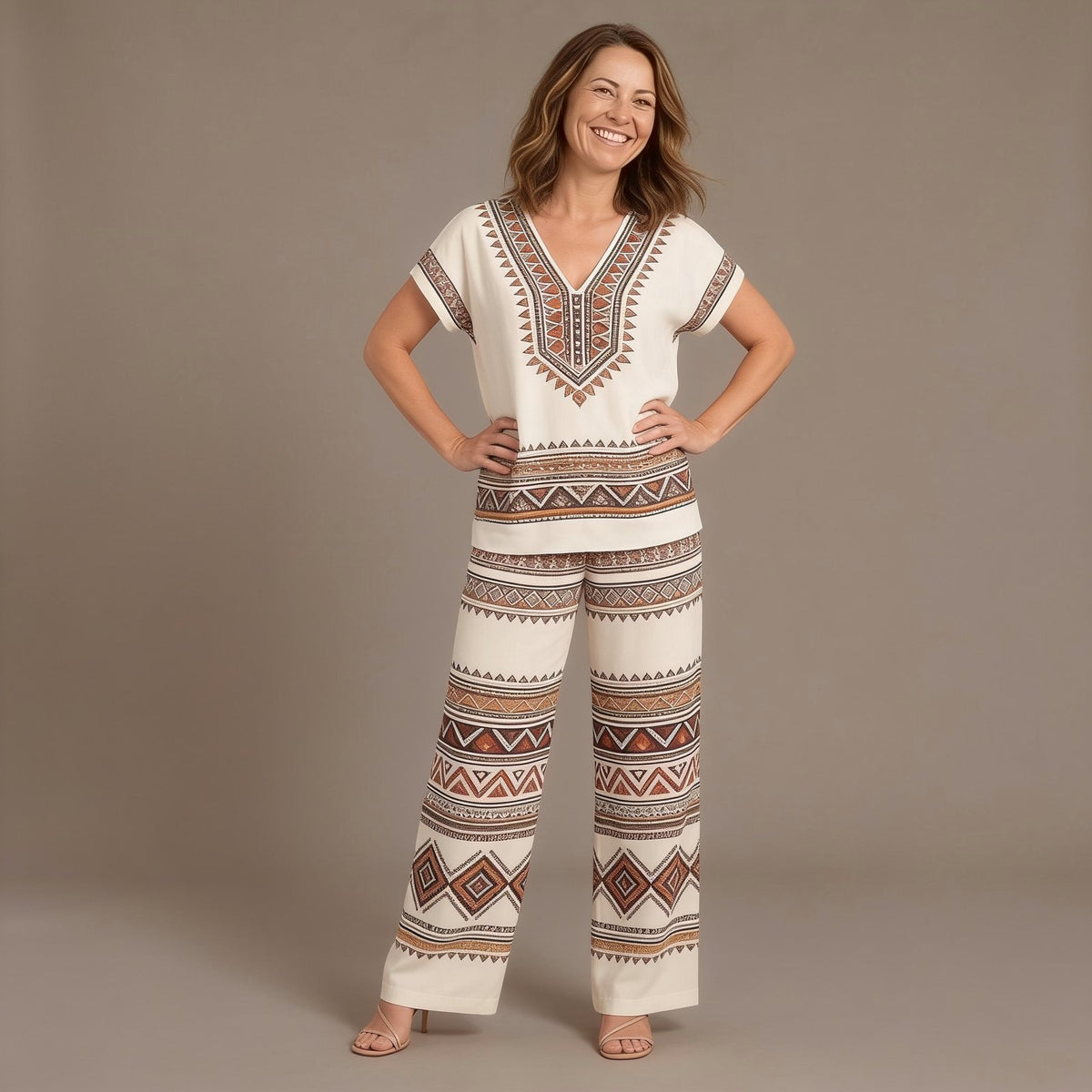 Two Piece Set with Boho Print V Neck Top and Wide Leg Pants