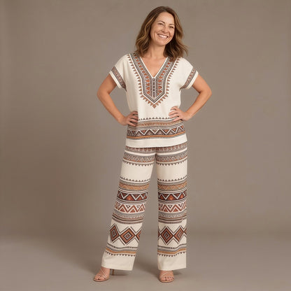Two Piece Set with Boho Print V Neck Top and Wide Leg Pants