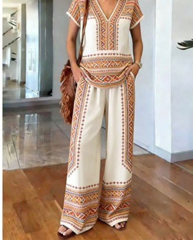 Two Piece Set Boho Print V Neck Top and Wide Leg Pants 2