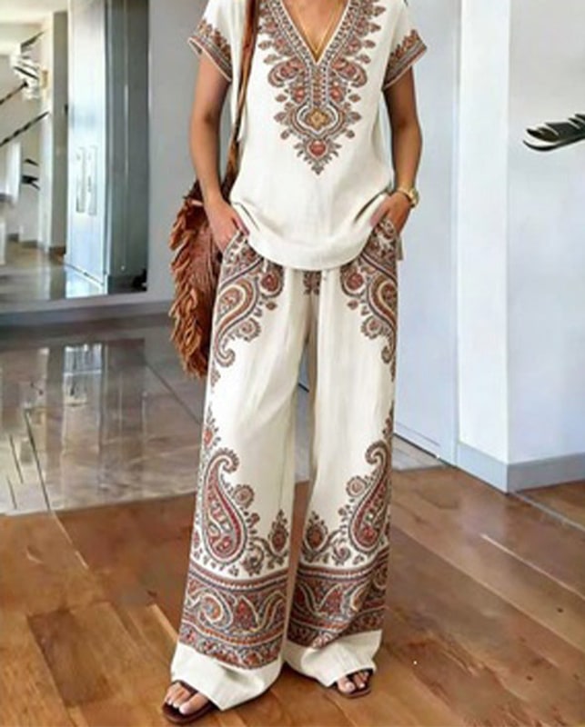 Two Piece Set Boho Print V Neck Top and Wide Leg Pants 3