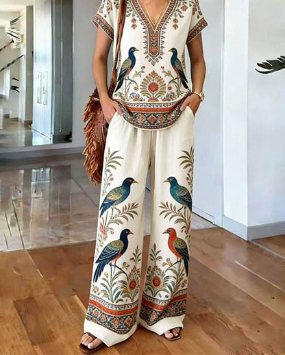 Two Piece Set Boho Print V Neck Top and Wide Leg Pants 4