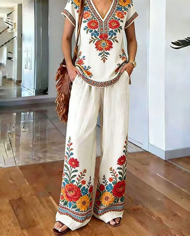 Two Piece Set Boho Print V Neck Top and Wide Leg Pants 5