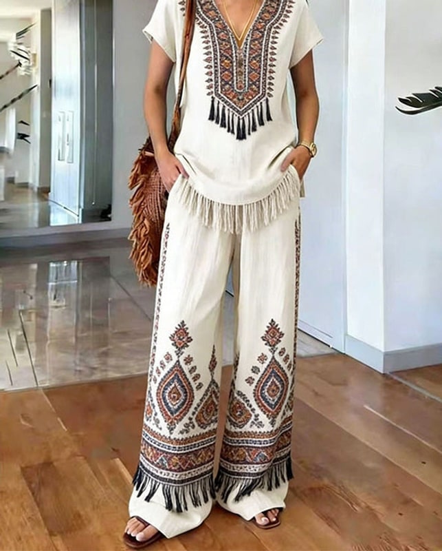 Two Piece Set Boho Print V Neck Top and Wide Leg Pants 6