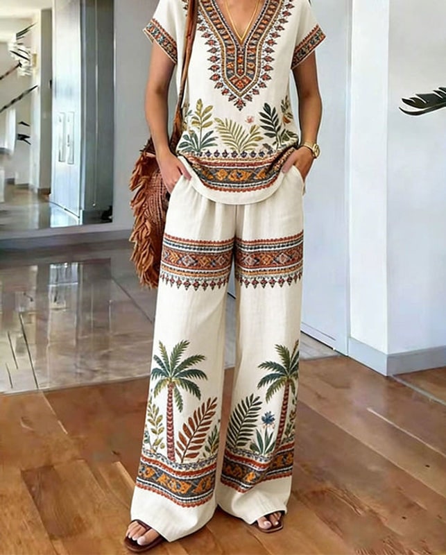 Two Piece Set Boho Print V Neck Top and Wide Leg Pants 7