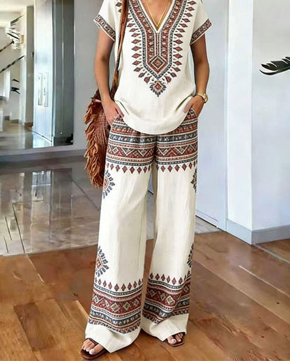 Two Piece Set Boho Print V Neck Top and Wide Leg Pants 9