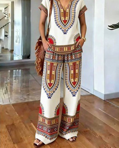 Two Piece Set Boho Print V Neck Top and Wide Leg Pants 10