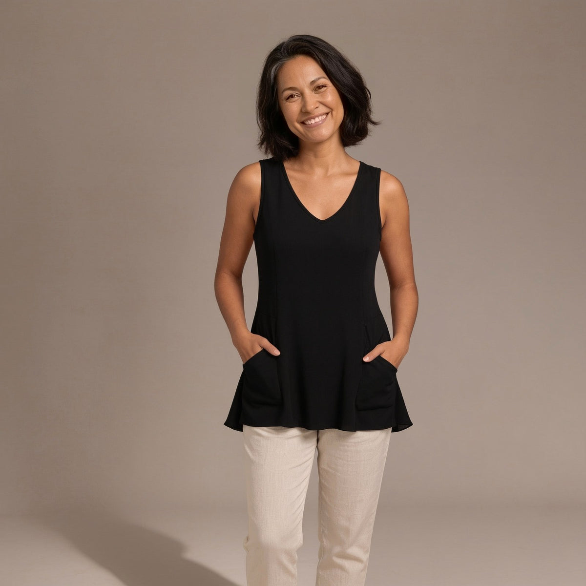 V Neck Singlet Top with Side Pockets and Flowy Hem