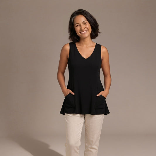 V Neck Singlet Top with Side Pockets and Flowy Hem