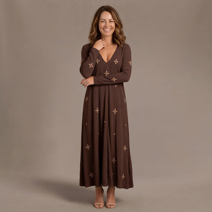 Summer Dress, Vintage Print Long Sleeve Maxi Dress with V Neck and Flowing Skirt