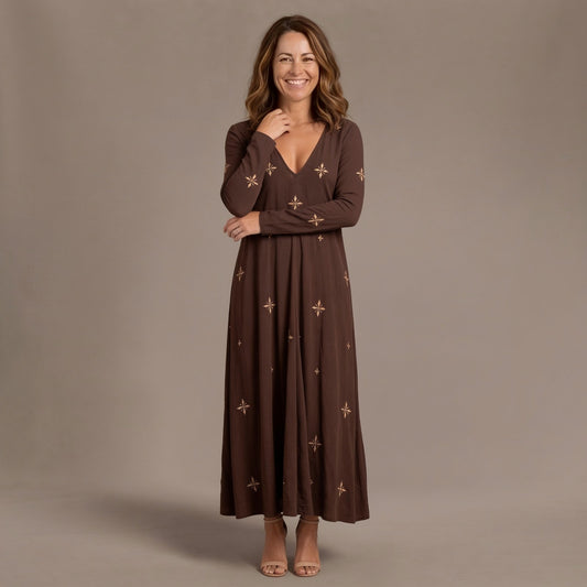 Summer Dress, Vintage Print Long Sleeve Maxi Dress with V Neck and Flowing Skirt