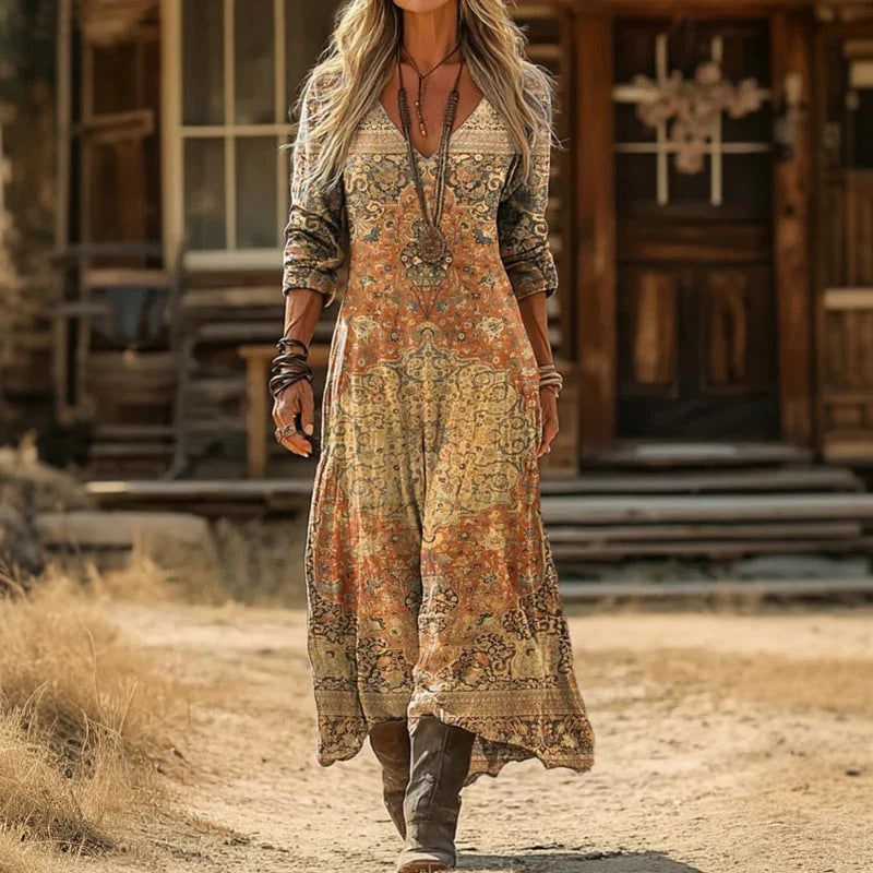 Vintage Long Sleeve Maxi Dress with V Neck in Cotton Blend 3