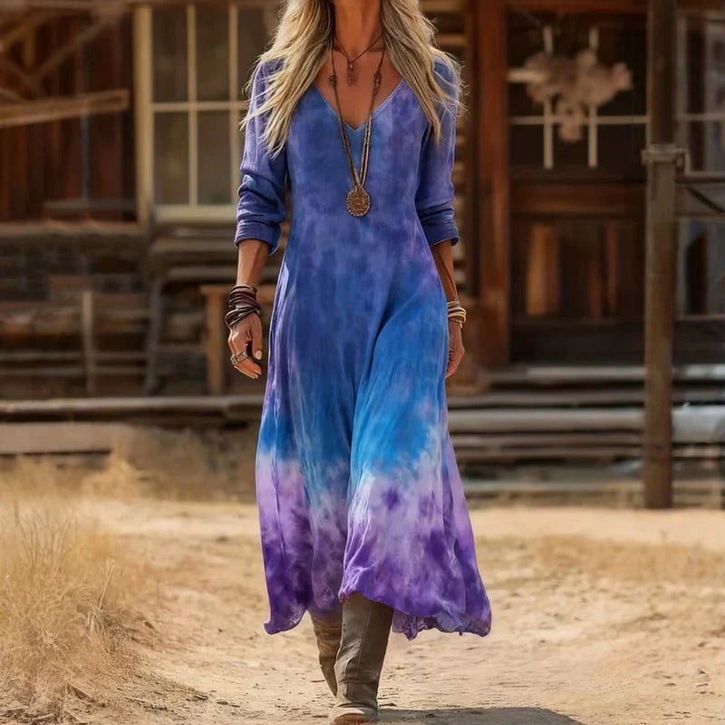 Vintage Long Sleeve Maxi Dress with V Neck in Cotton Blend 6