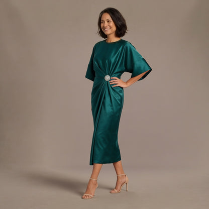 Wedding Guest Dress, Satin Formal Midi Dress with Wide Sleeves and Draped Waist