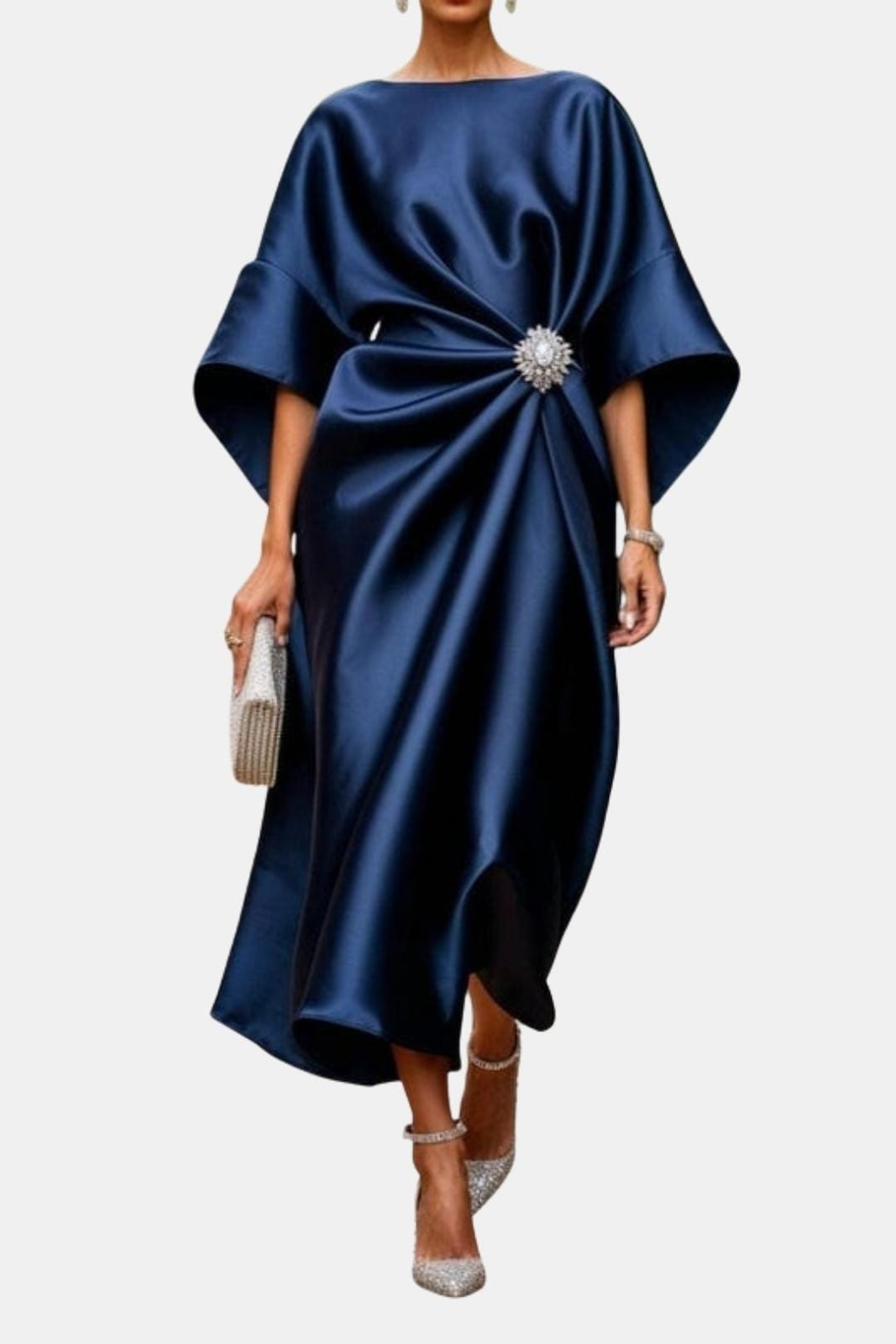 Wedding Guest Dress, Satin Formal Midi Dress, Wide Sleeves 3