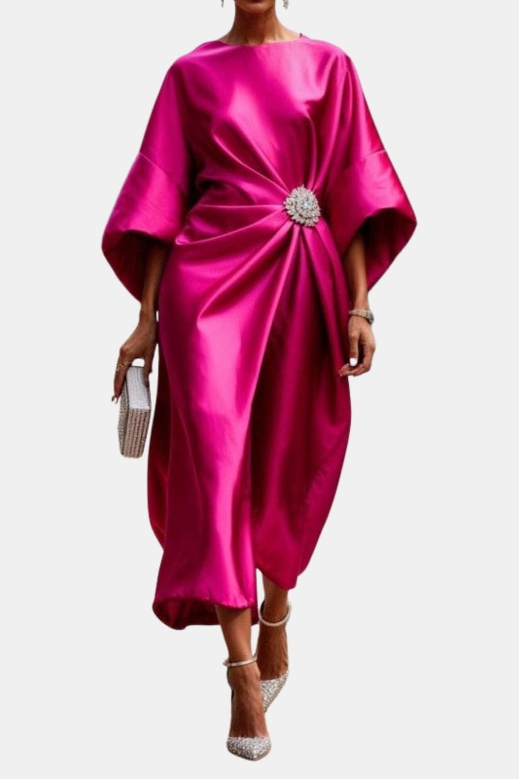 Wedding Guest Dress, Satin Formal Midi Dress, Wide Sleeves 4