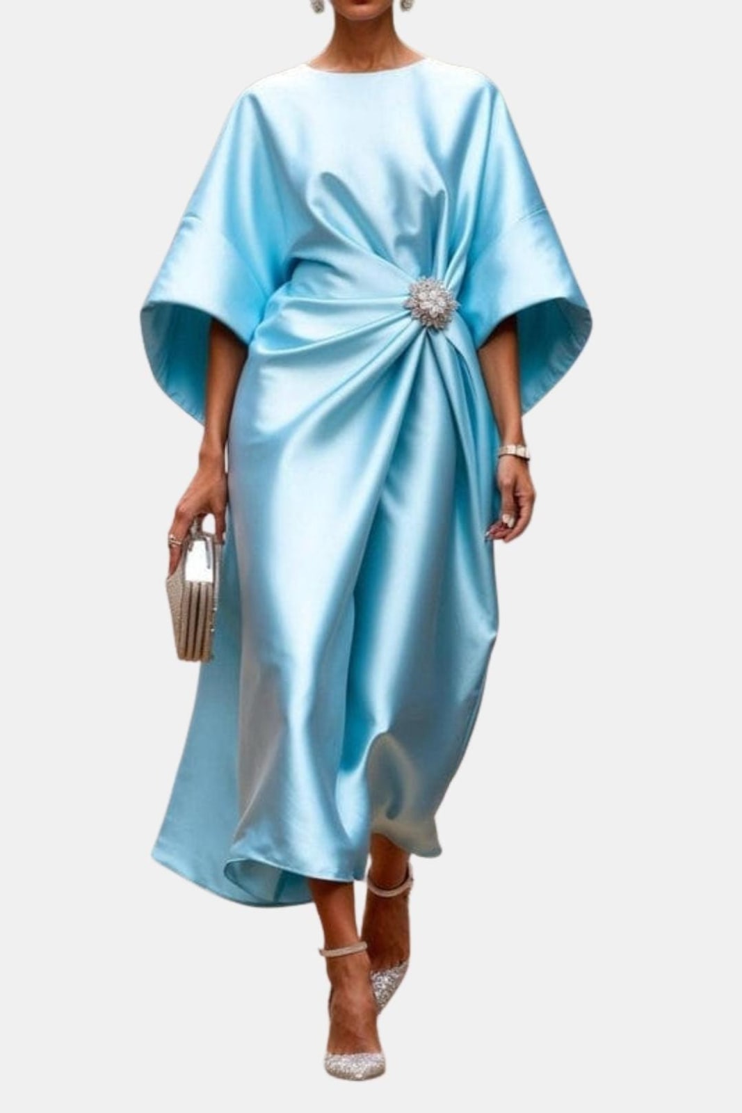 Wedding Guest Dress, Satin Formal Midi Dress, Wide Sleeves 5