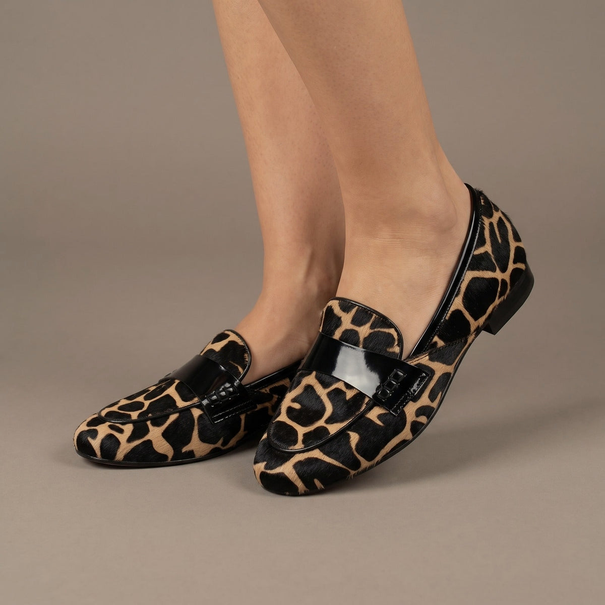 Leopard print women loafers with black patent strap