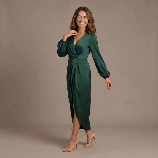 Wrap Dress, Satin Midi Dress with Balloon Sleeves and Twist Waist