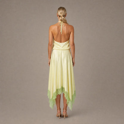 Back view of the key lime backless halter silk maxi dress showing the open back