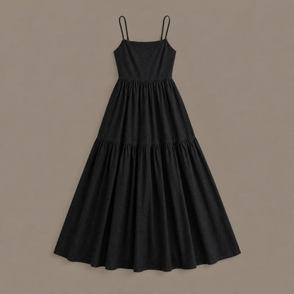 The black tiered maxi dress photographed on its own