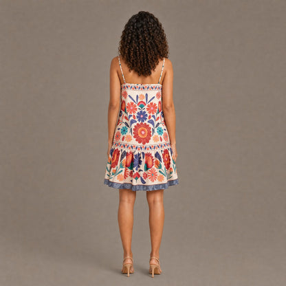 Back view of the orange bloom print spaghetti strap dress