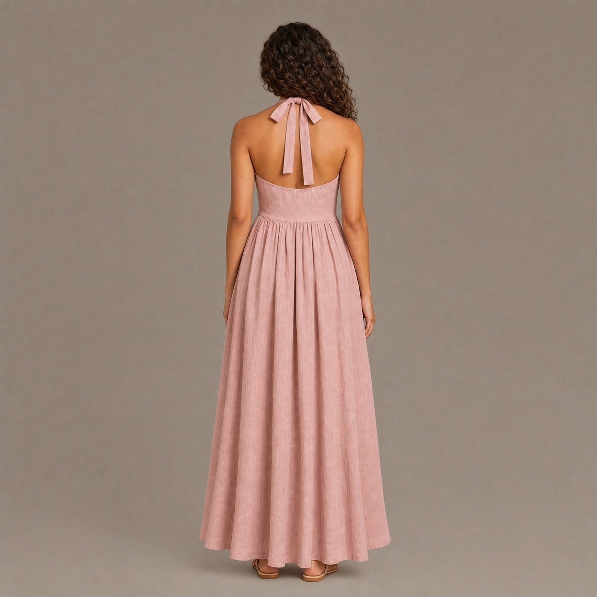 Back view of the pink boho cotton linen halter maxi dress